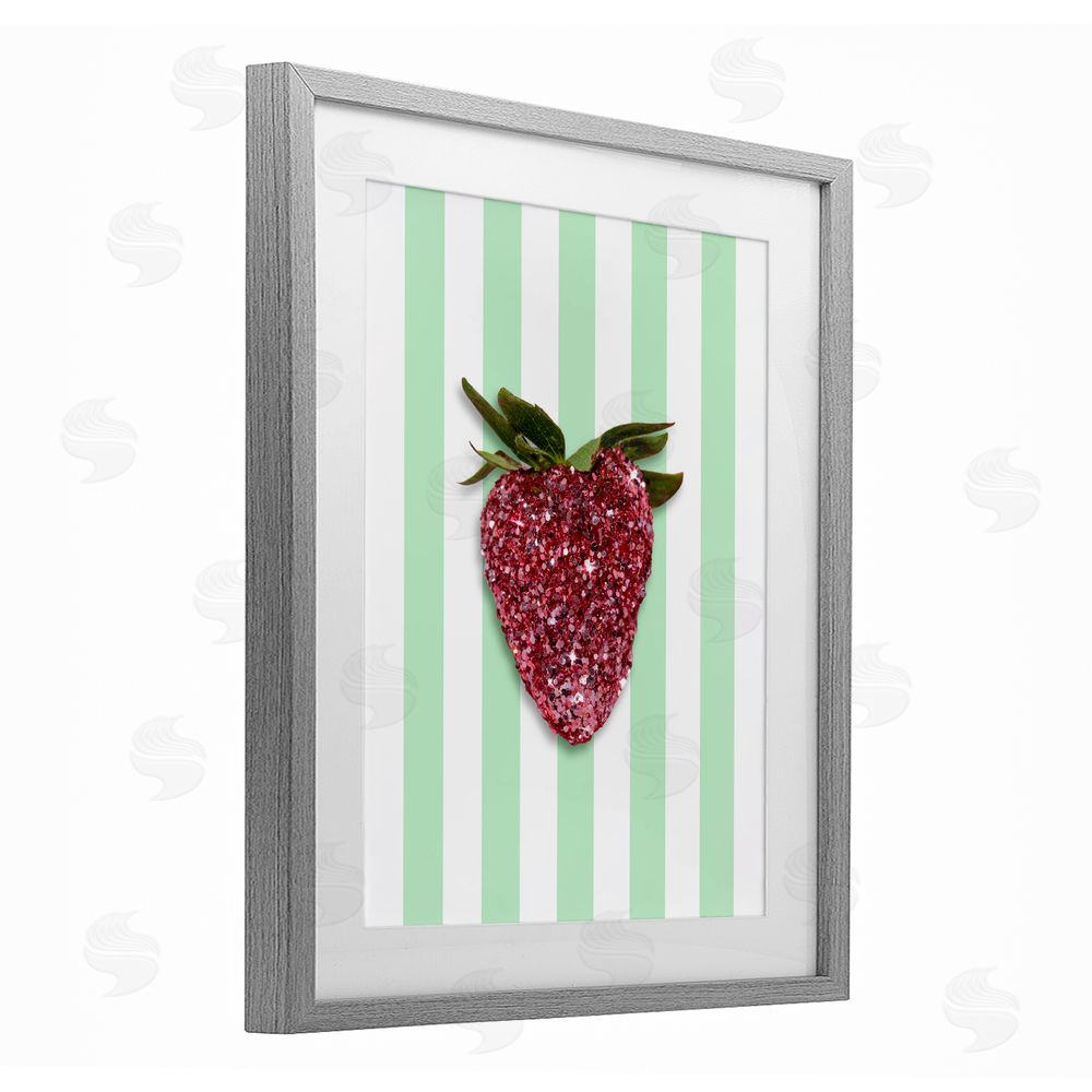 LISH Creative Glimmer Cherry on Green Stripes Gray Framed Print Under Glass Wall Art