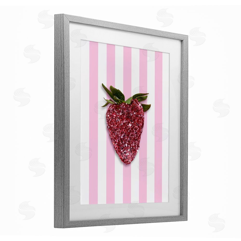 LISH Creative Glimmer Strawberry on Green Stripes Gray Framed Print Under Glass Wall Art