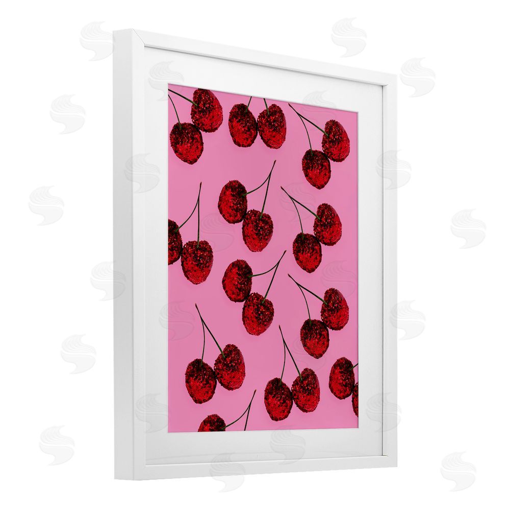LISH Creative Glitter Glam Cherries Pattern White Framed Print Under Glass Wall Art