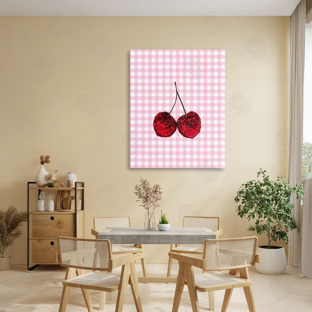 LISH Creative Glitter Cherry on Pink Gingham Stretched Canvas Wall Art in Room