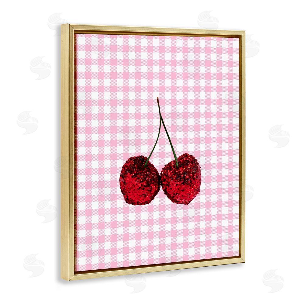LISH Creative Glitter Cherry on Pink Gingham Gold Floating Framed Canvas Wall Art