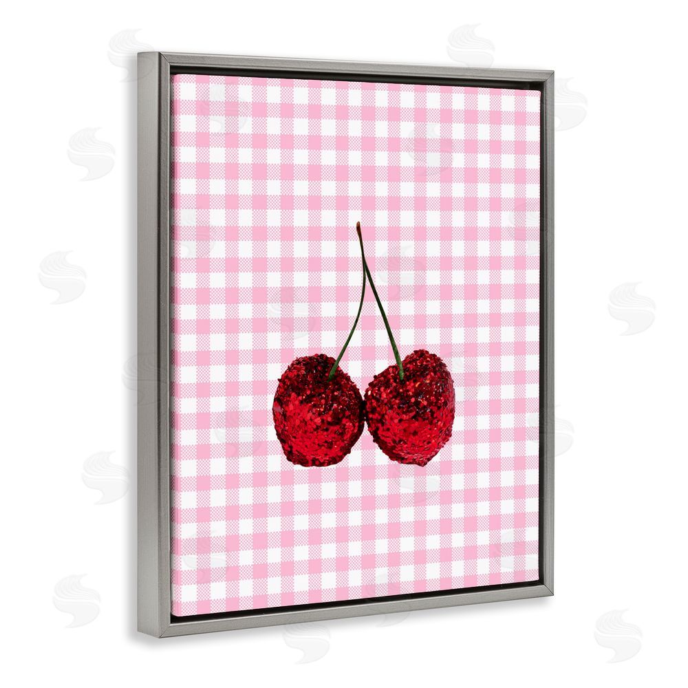 LISH Creative Glitter Cherry on Pink Gingham Gray Floating Framed Canvas Wall Art
