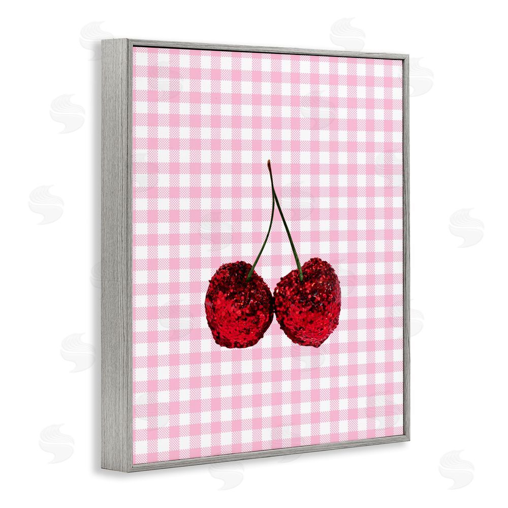 LISH Creative Glitter Cherry on Pink Gingham Gray Framed Giclee Wall Art