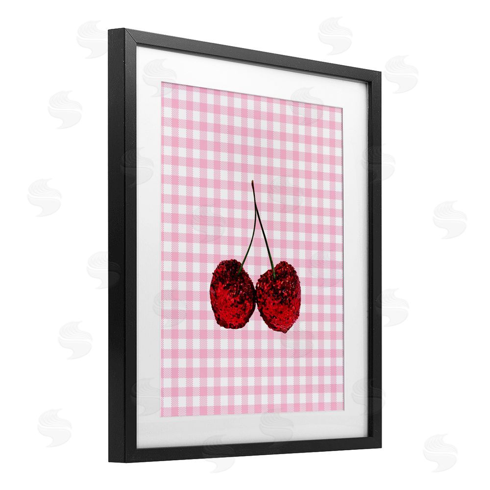 LISH Creative Glitter Cherry on Pink Gingham Black Framed Print Under Glass Wall Art