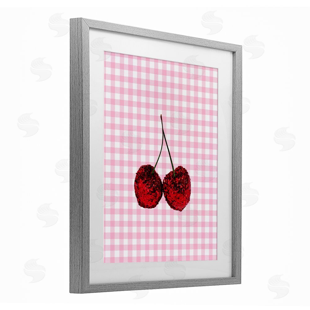 LISH Creative Glitter Cherry on Pink Gingham Gray Framed Print Under Glass Wall Art
