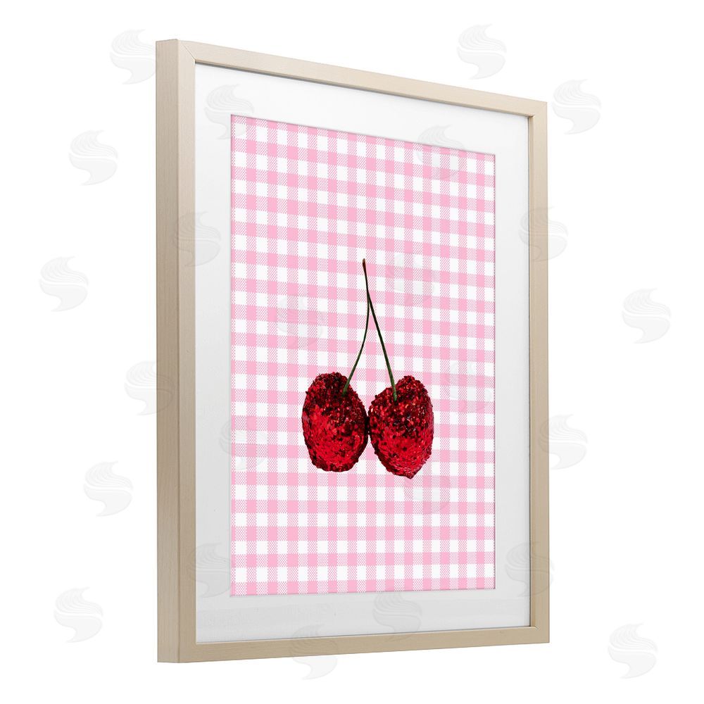 LISH Creative Glitter Cherry on Pink Gingham Brown Framed Print Under Glass Wall Art