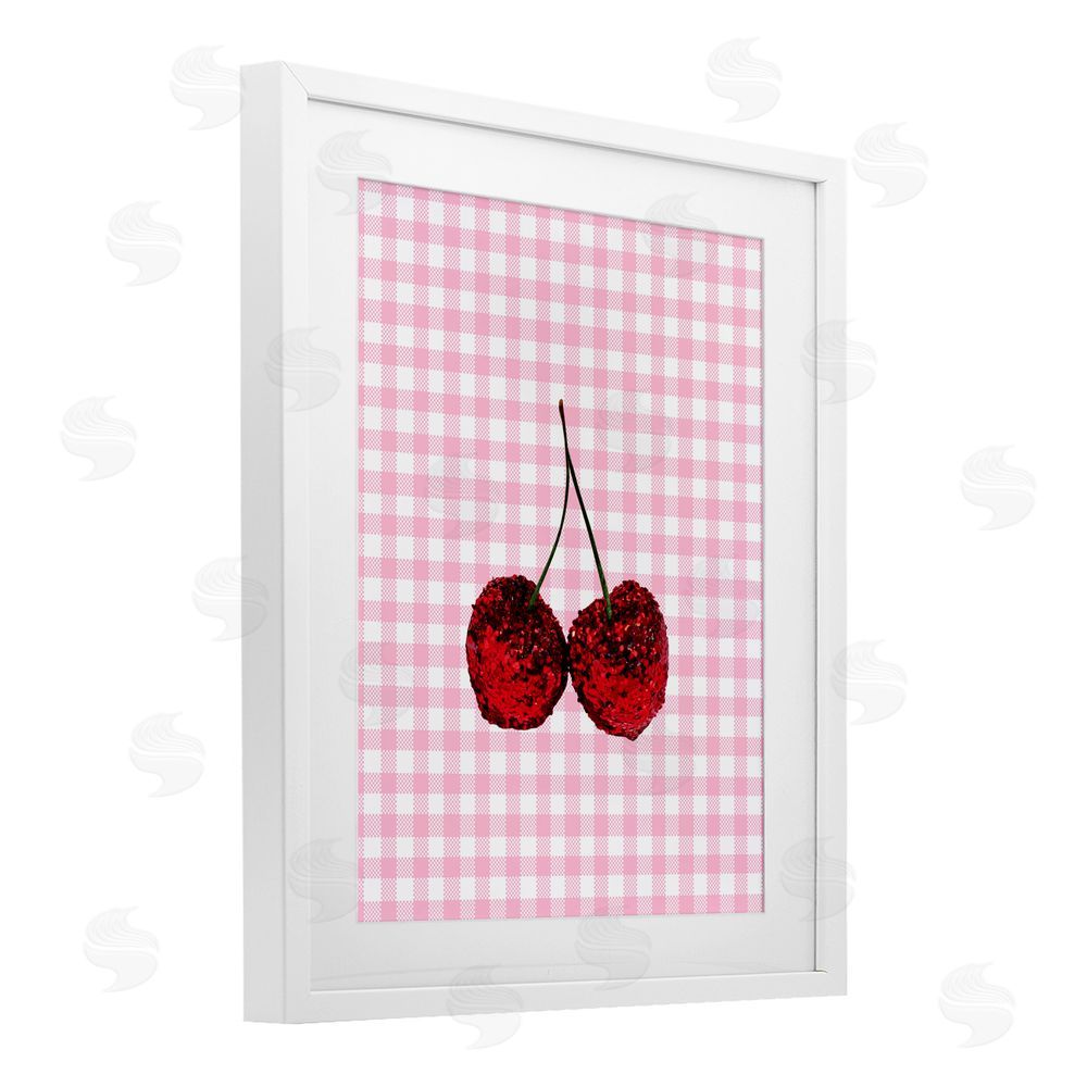 LISH Creative Glitter Cherry on Pink Gingham White Framed Print Under Glass Wall Art