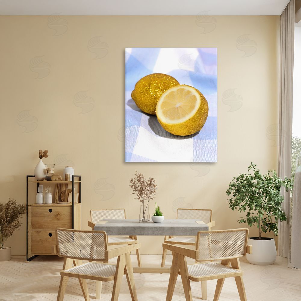 LISH Creative Glimmer Lemon on Blue Stretched Canvas Wall Art in Room