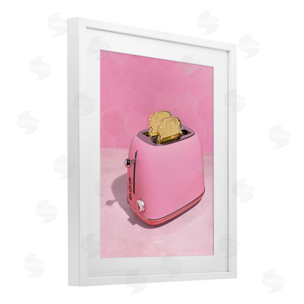 LISH Creative Golden Toaster over Pink White Framed Print Under Glass Wall Art