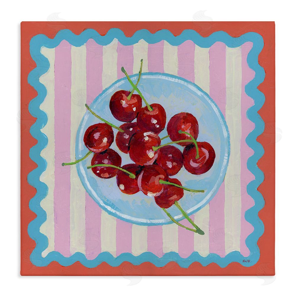 Rachael Reese Red Cherries over Pink Stripes Stretched Canvas Wall Art