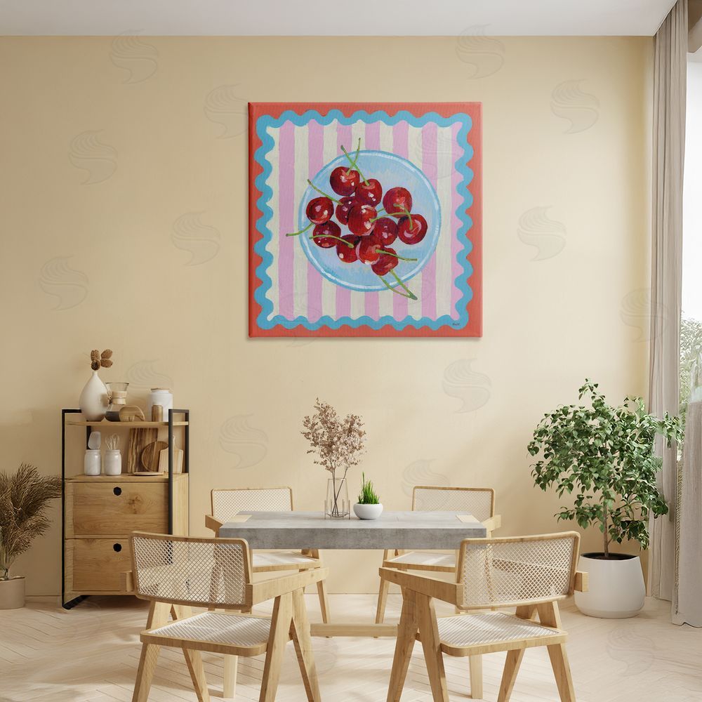 Rachael Reese Red Cherries over Pink Stripes Stretched Canvas Wall Art in Room