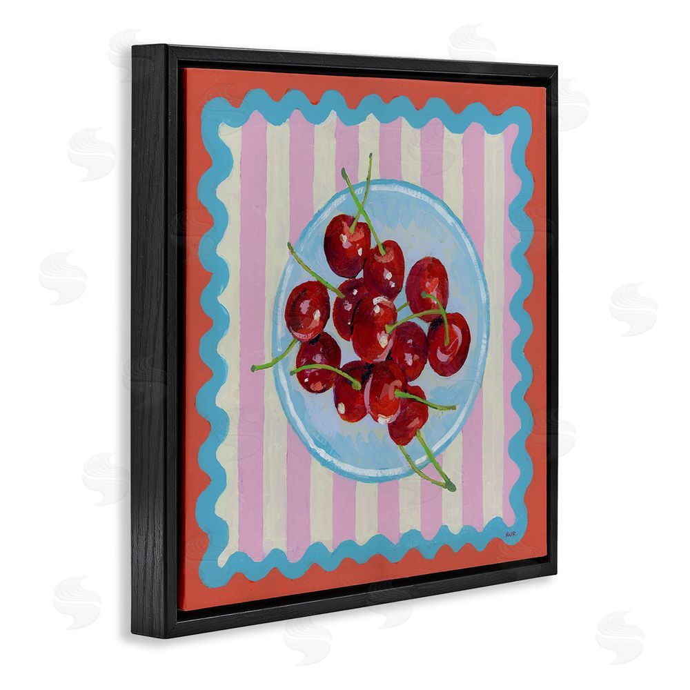 Rachael Reese Red Cherries over Pink Stripes Black Floating Framed Canvas Wall Art