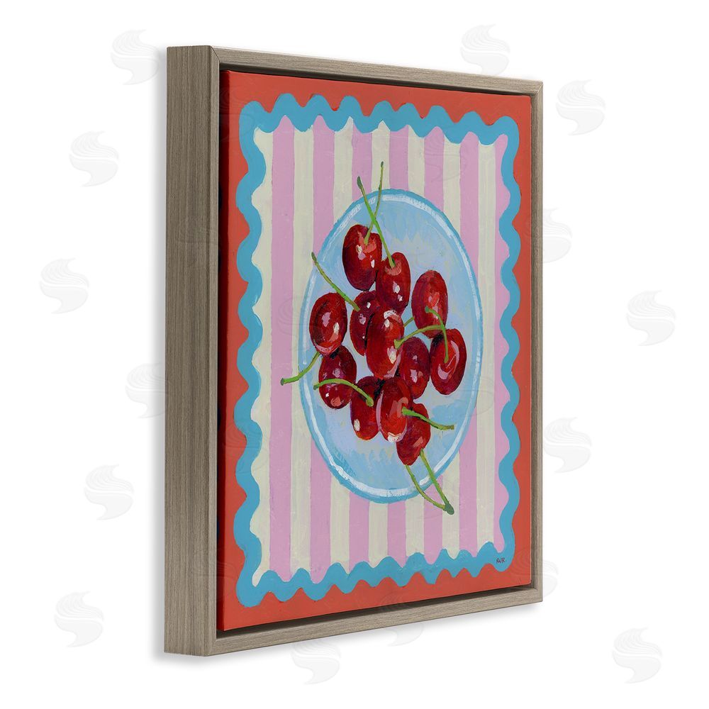 Rachael Reese Red Cherries over Pink Stripes Brown Floating Framed Canvas Wall Art