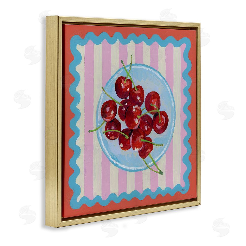 Rachael Reese Red Cherries over Pink Stripes Gold Floating Framed Canvas Wall Art