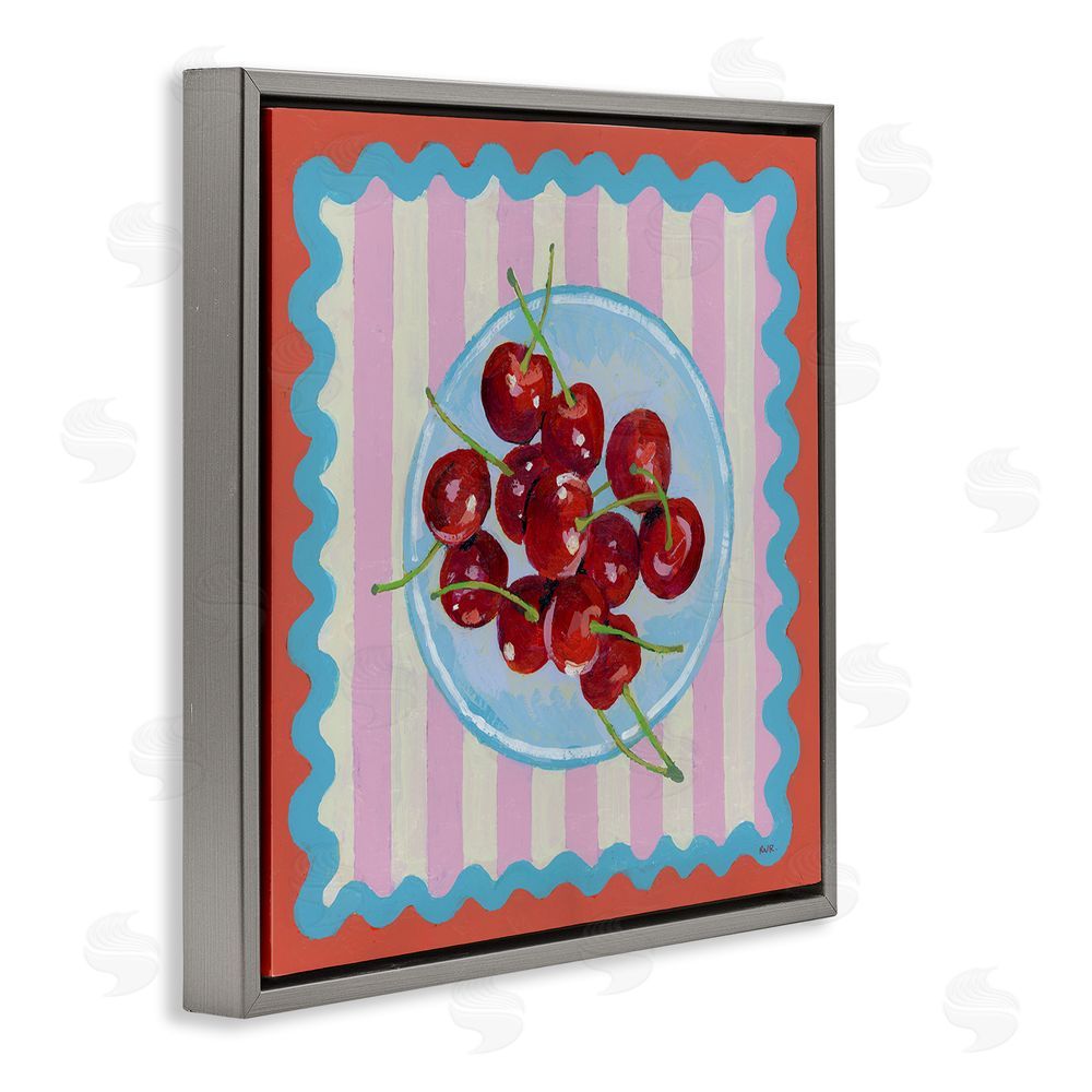Rachael Reese Red Cherries over Pink Stripes Gray Floating Framed Canvas Wall Art