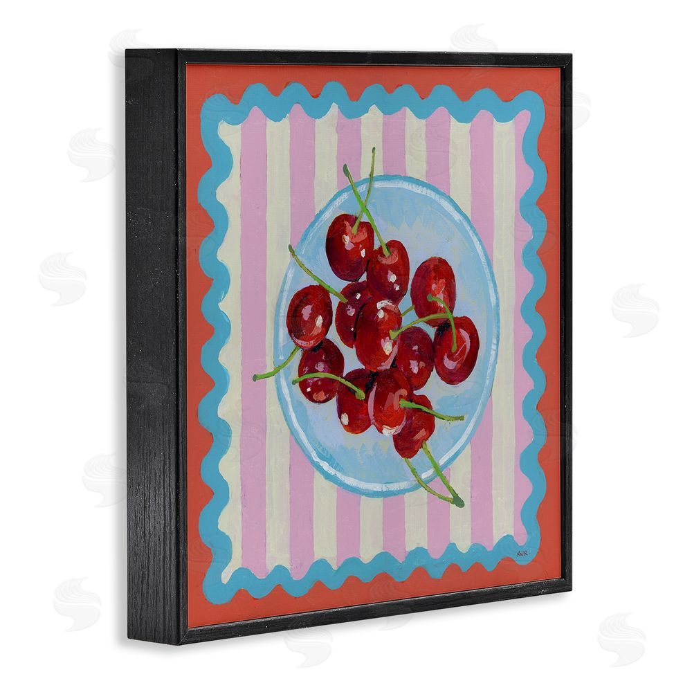 Rachael Reese Red Cherries over Pink Stripes Black Framed Giclee Wall Art