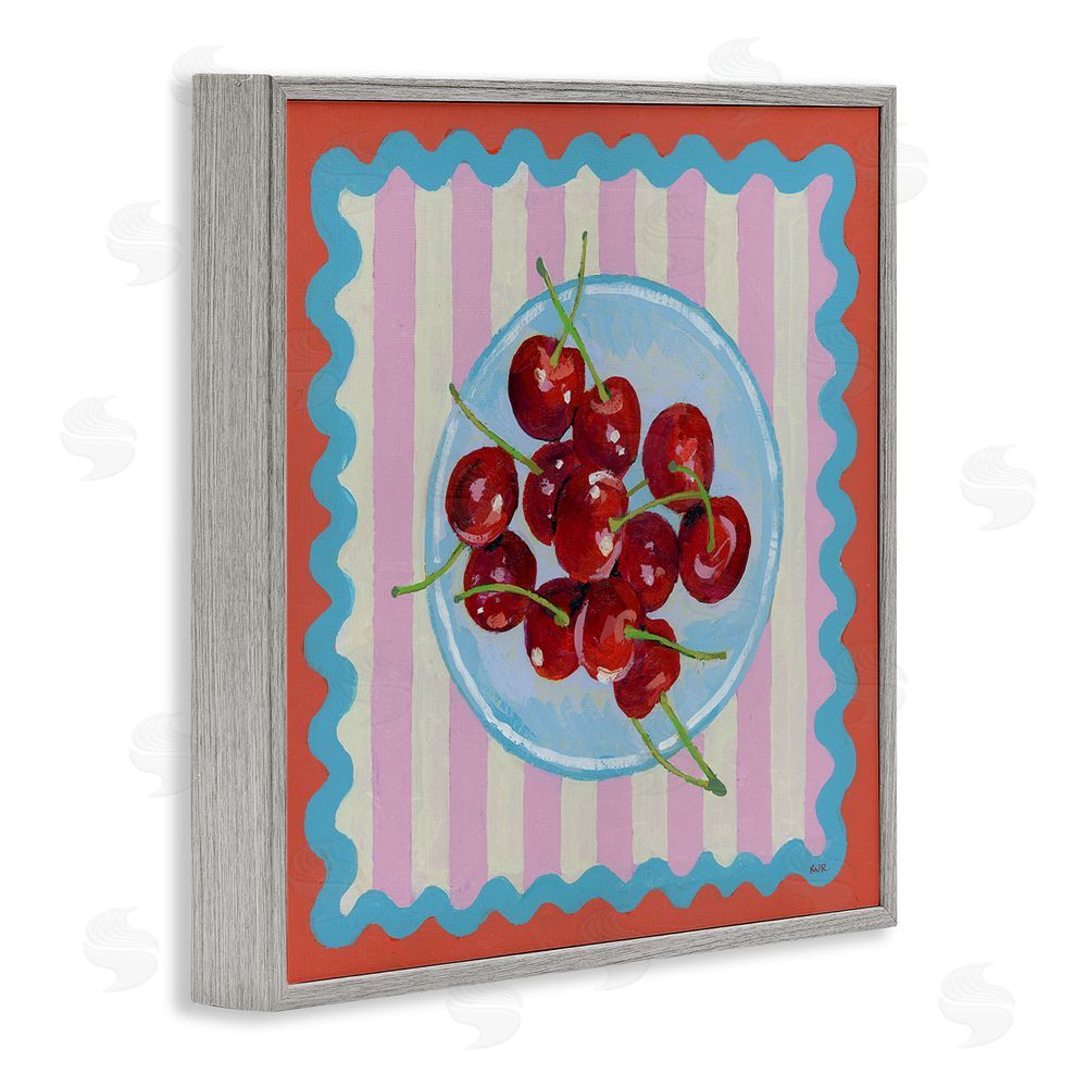Rachael Reese Red Cherries over Pink Stripes Gray Framed Giclee Wall Art