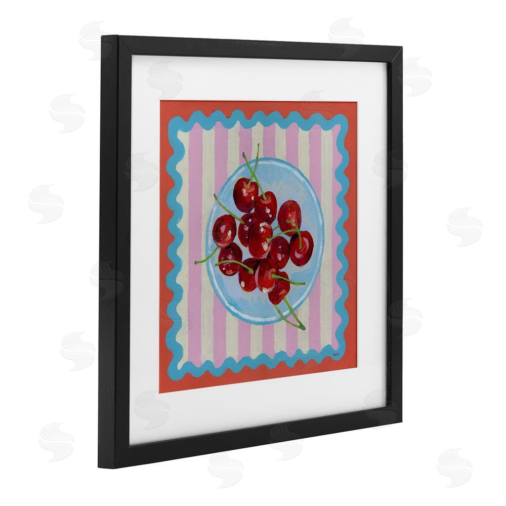 Rachael Reese Red Cherries over Pink Stripes Black Framed Print Under Glass Wall Art