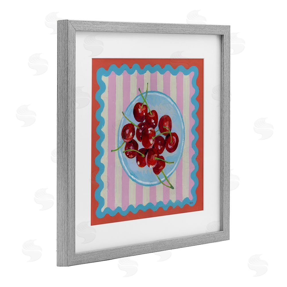 Rachael Reese Red Cherries over Pink Stripes Gray Framed Print Under Glass Wall Art