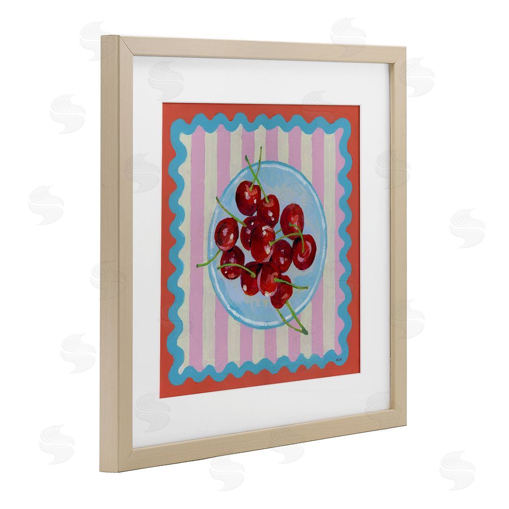 Rachael Reese Red Cherries over Pink Stripes Brown Framed Print Under Glass Wall Art