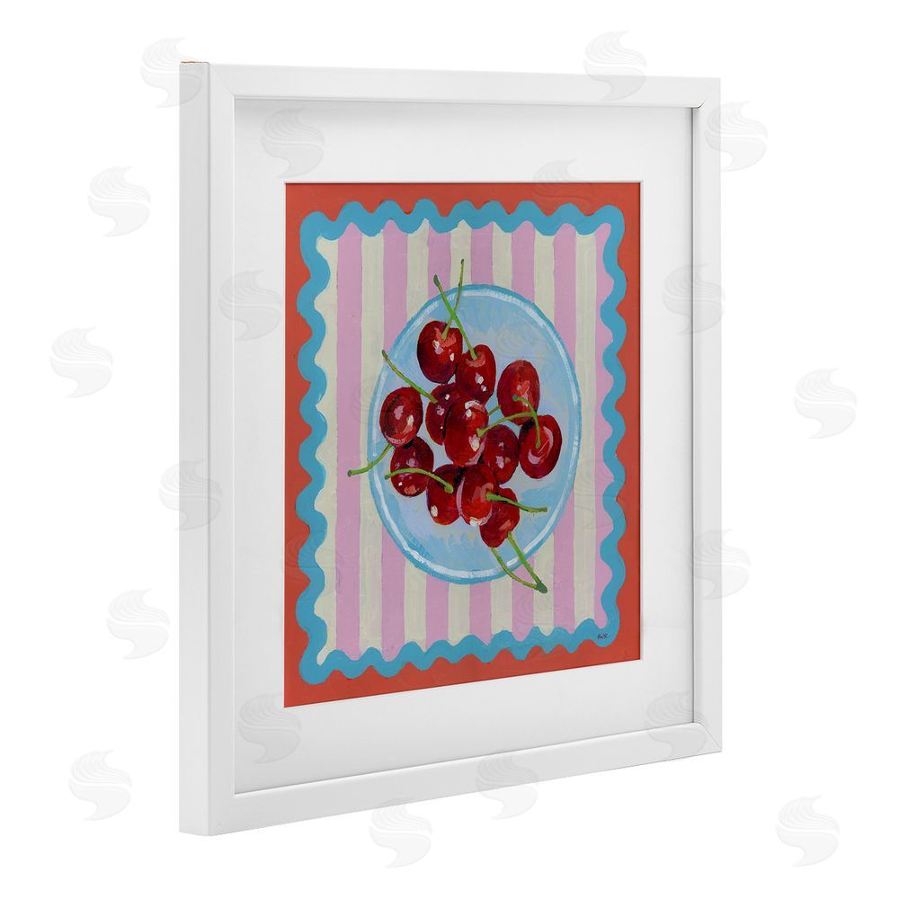 Rachael Reese Red Cherries over Pink Stripes White Framed Print Under Glass Wall Art