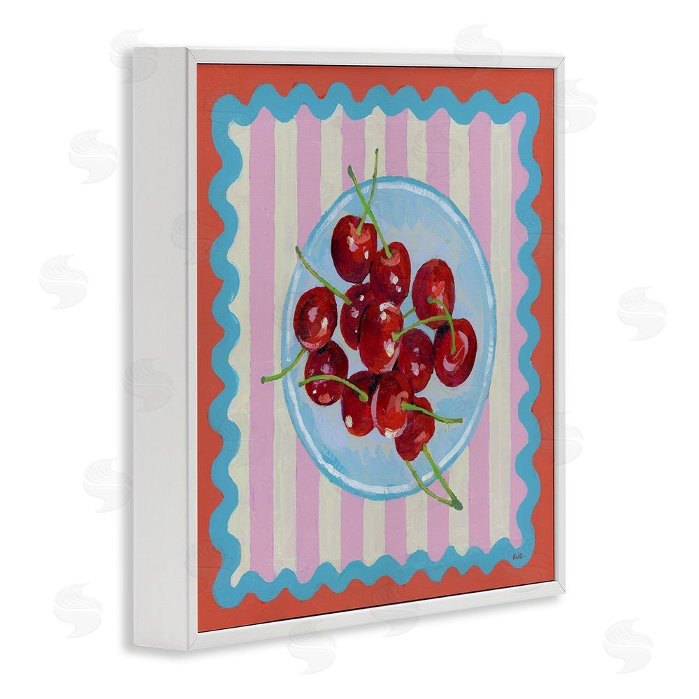 Rachael Reese Red Cherries over Pink Stripes White Framed Giclee Wall Art