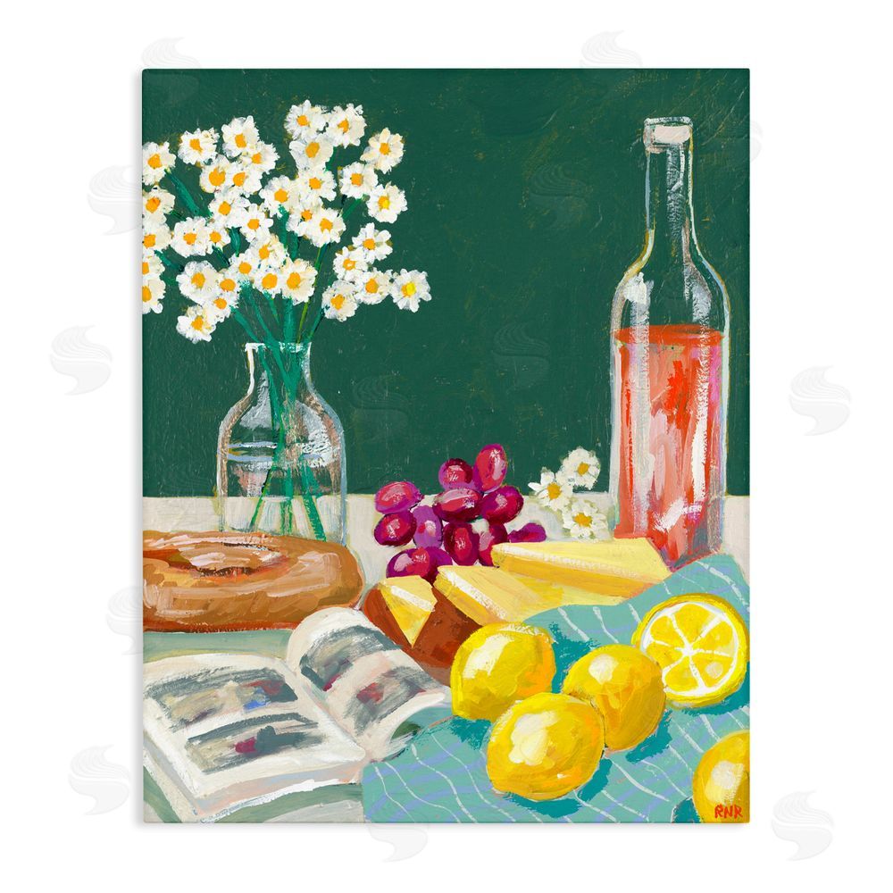 Rachael Reese Cheese, Wine and Lemon Still Life Stretched Canvas Wall Art Print