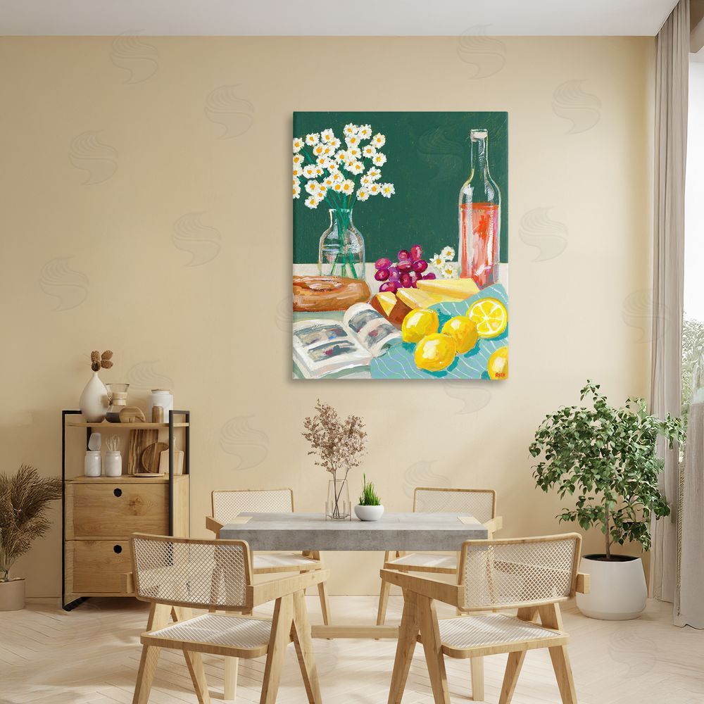 Rachael Reese Cheese, Wine and Lemon Still Life Stretched Canvas Wall Art Print in Room