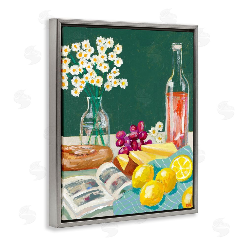 Rachael Reese Cheese, Wine and Lemon Still Life Gray Floating Frame Stretched Canvas Wall Art Print