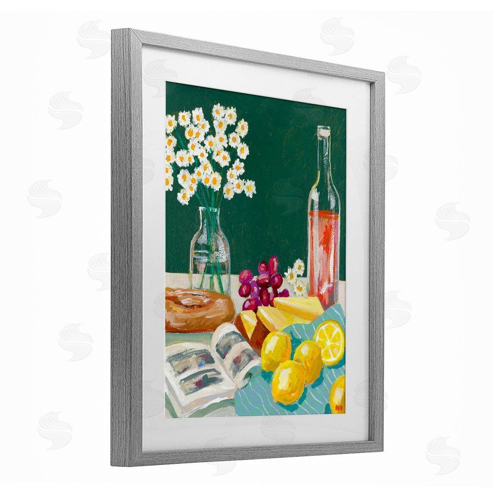 Rachael Reese Cheese, Wine and Lemon Still Life Gray Framed Print Under Glass with Matting Wall Art