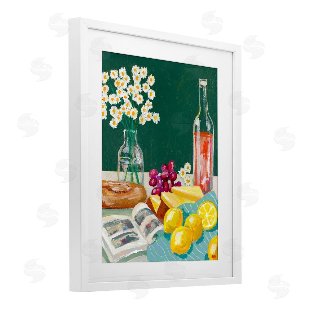 Rachael Reese Cheese, Wine and Lemon Still Life White Framed Print Under Glass with Matting Wall Art