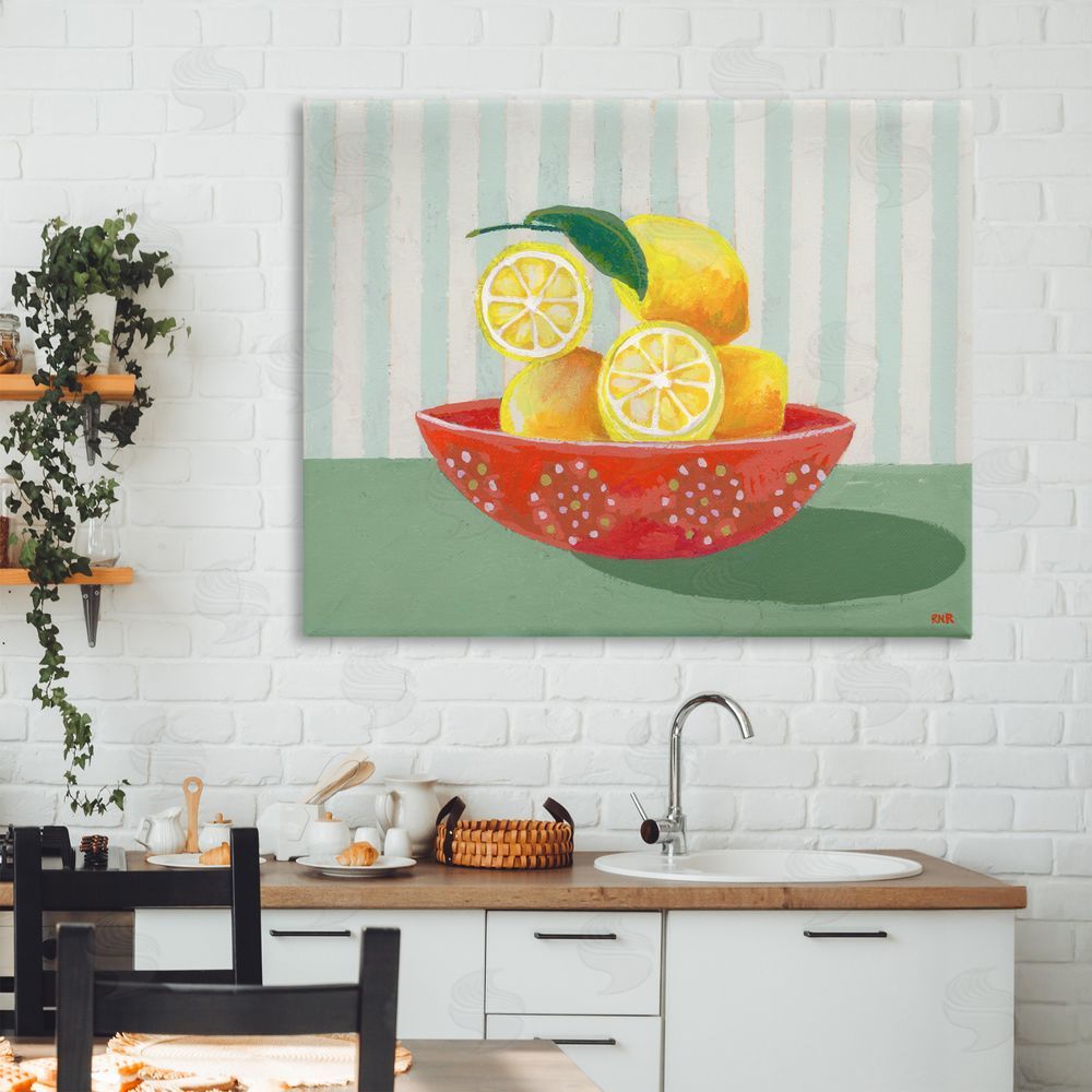 Rachael Reese Sunny Lemons in Red Bowl Stretched Canvas on Wall