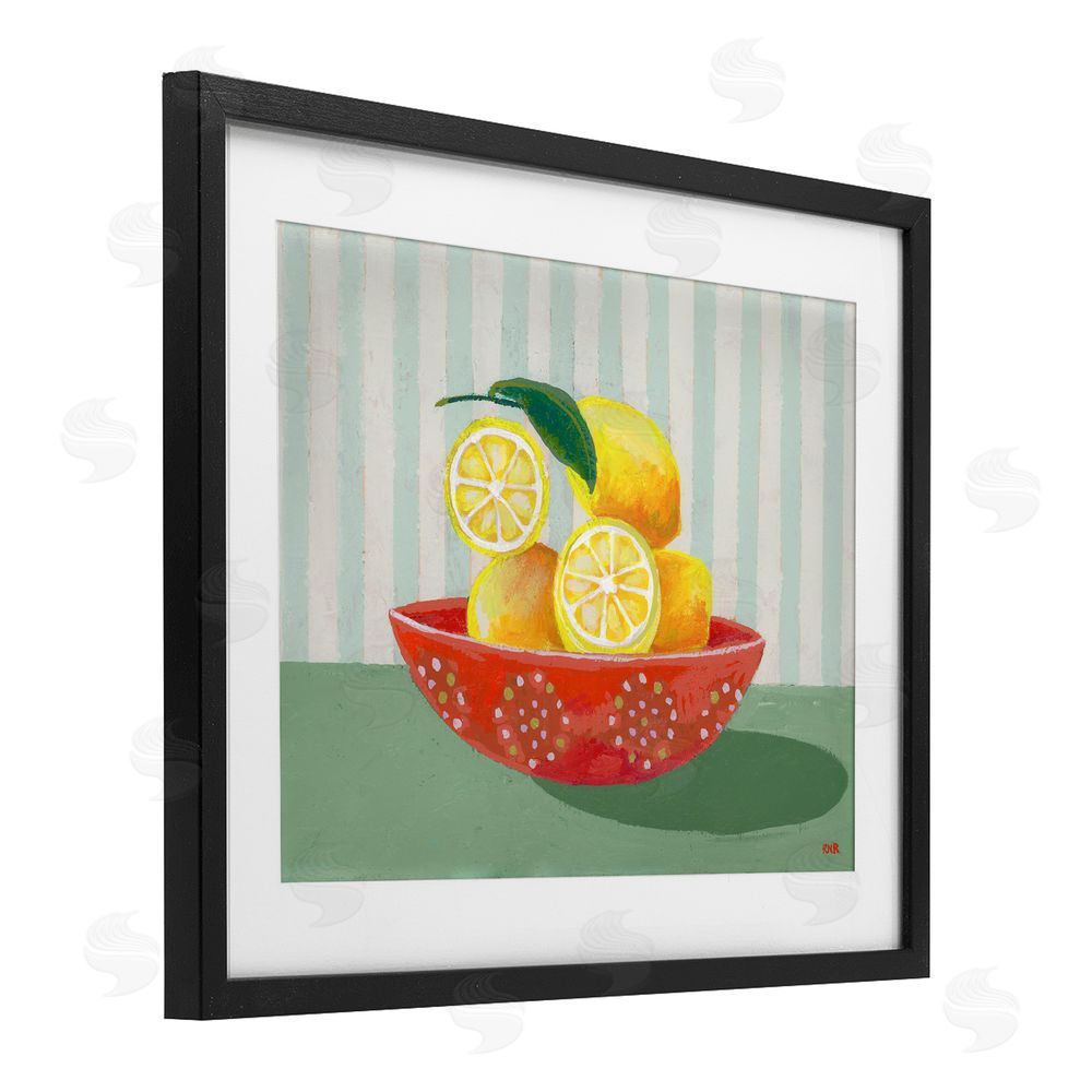 Rachael Reese Sunny Lemons in Red Bowl Black Framed Print Under Glass with White Mat Wall Art