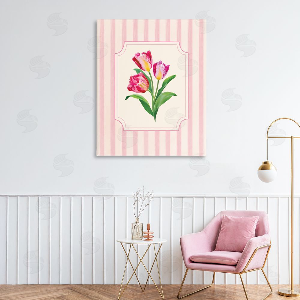 Diane Neukirch Magenta Tulips over Stripes Stretched Canvas Wall Art in Room