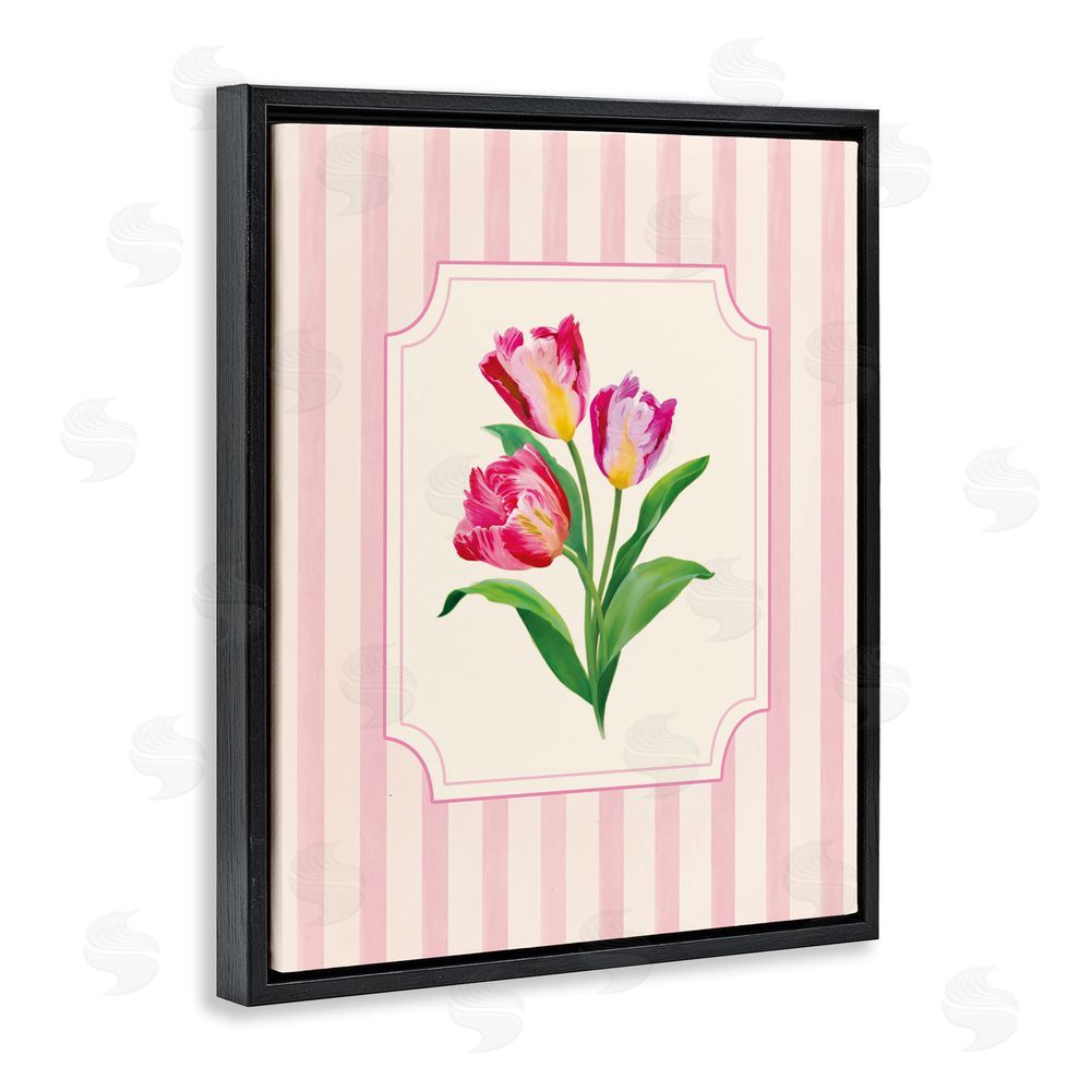 Diane Neukirch Magenta Tulips over Stripes Black Floating Framed Canvas Wall Art