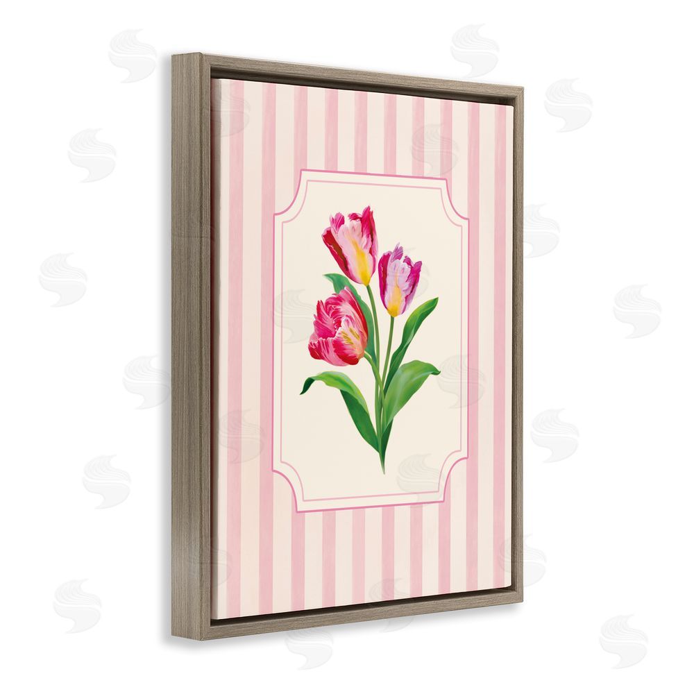 Diane Neukirch Magenta Tulips over Stripes Brown Floating Framed Canvas Wall Art
