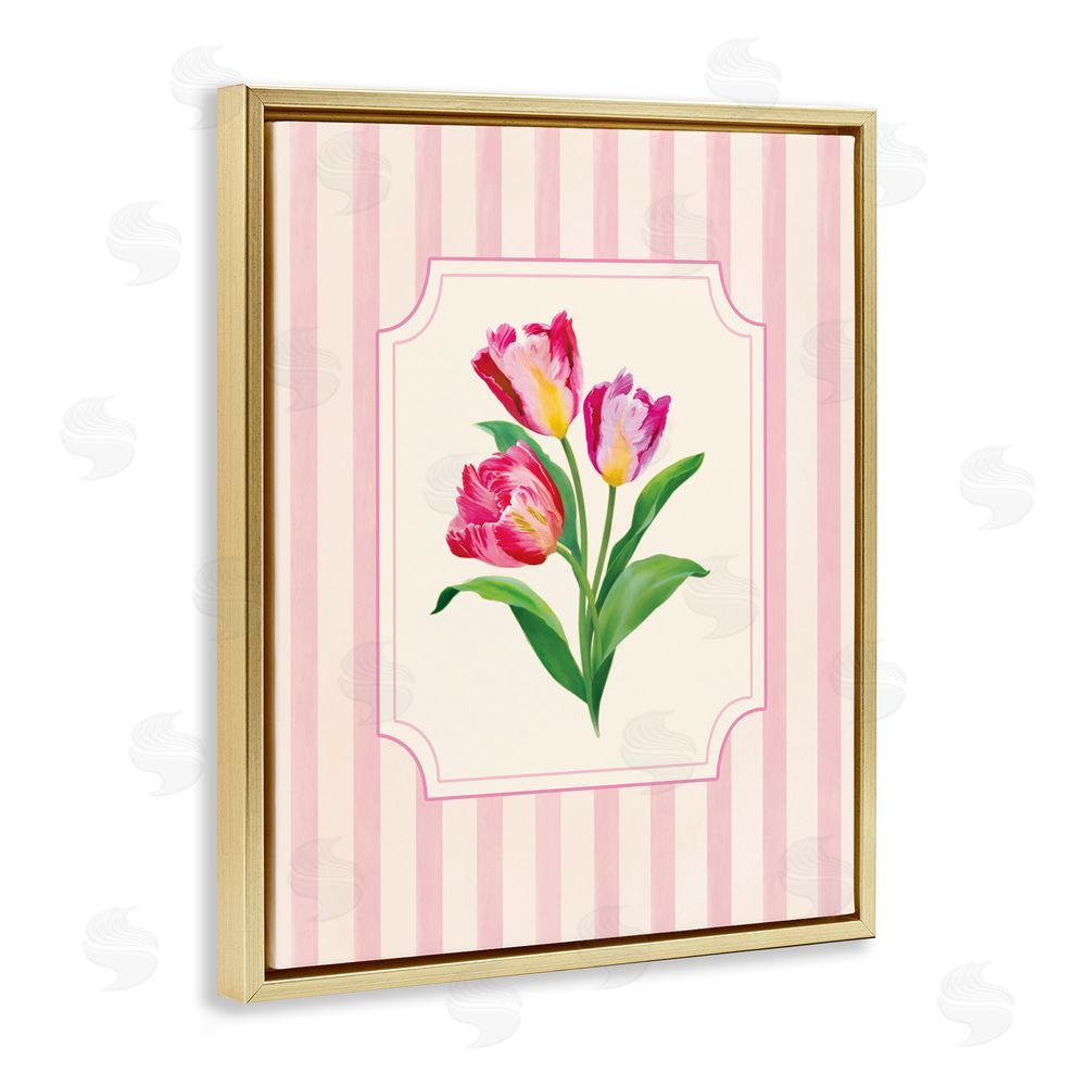 Diane Neukirch Magenta Tulips over Stripes Gold Floating Framed Canvas Wall Art