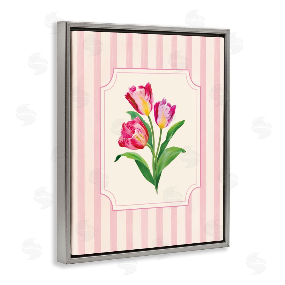 Diane Neukirch Magenta Tulips over Stripes Gray Floating Framed Canvas Wall Art