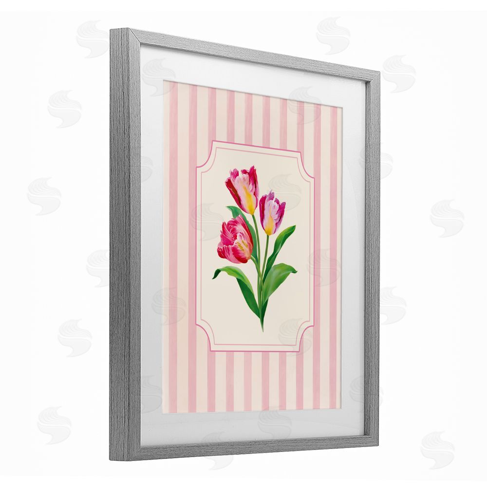 Diane Neukirch Magenta Tulips over Stripes Gray Framed Print Under Glass Wall Art