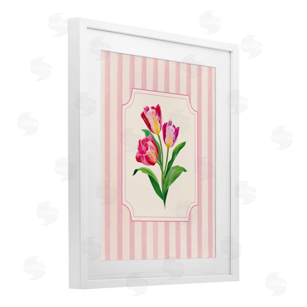 Diane Neukirch Magenta Tulips over Stripes White Framed Print Under Glass Wall Art