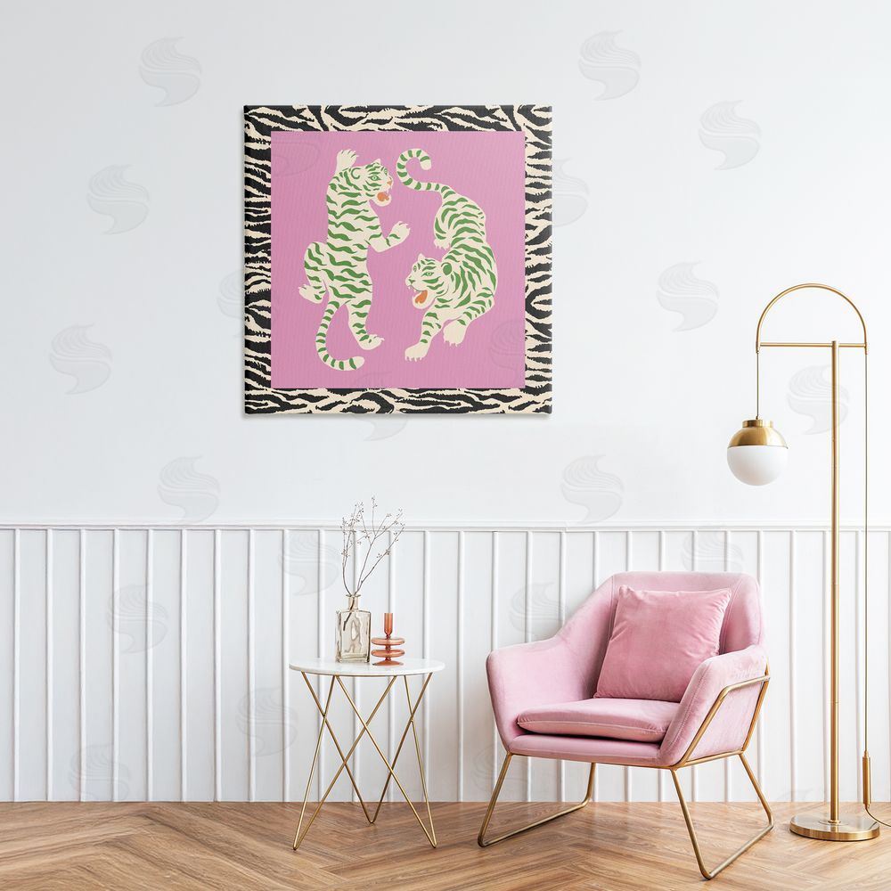 Karolina Sato Purple & Green Twin Tigers Stretched Canvas Wall Art in Room