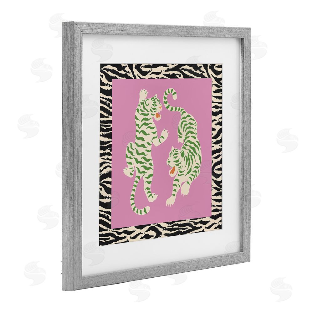 Karolina Sato Purple & Green Twin Tigers Gray Framed Print Under Glass Wall Art