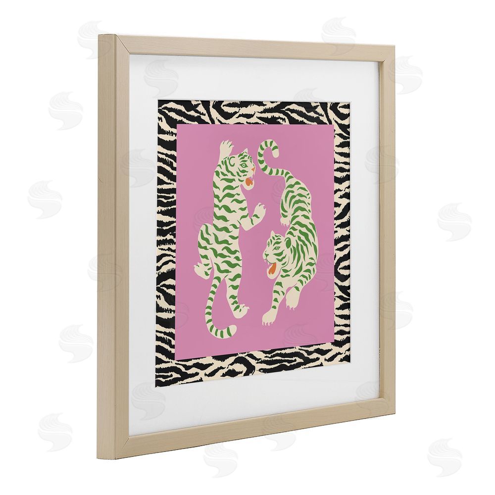 Karolina Sato Purple & Green Twin Tigers Brown Framed Print Under Glass Wall Art