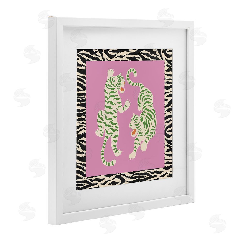 Karolina Sato Purple & Green Twin Tigers White Framed Print Under Glass Wall Art