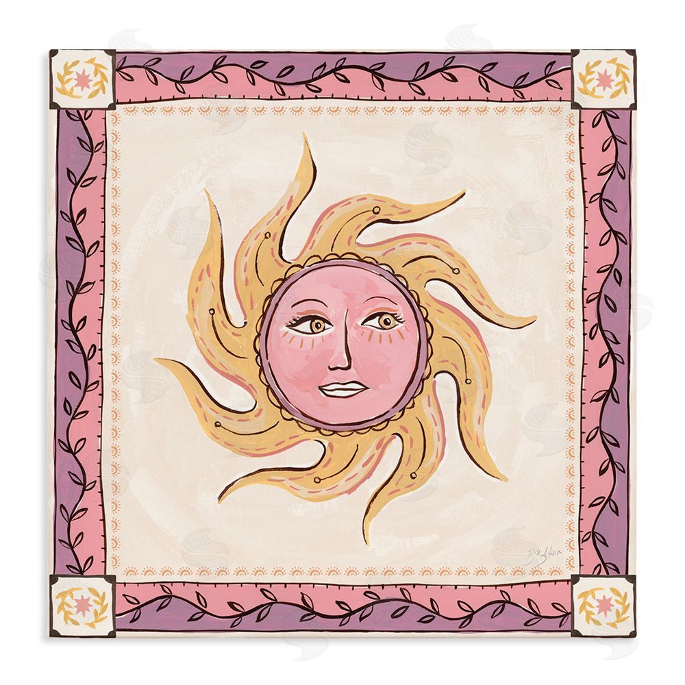 Two If By Sea Studios Pink Sun Face with Leaf Border Stretched Canvas Wall Art
