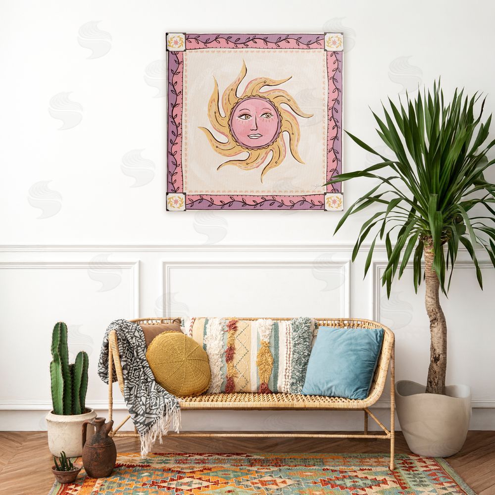 Two If By Sea Studios Pink Sun Face with Leaf Border Stretched Canvas Wall Art in Room
