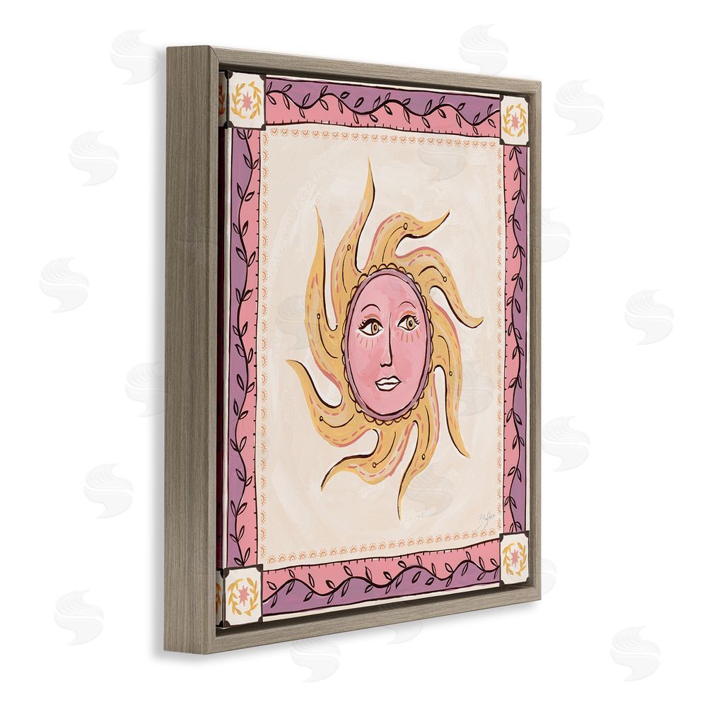 Two If By Sea Studios Pink Sun Face with Leaf Border Brown Floating Framed Canvas Wall Art
