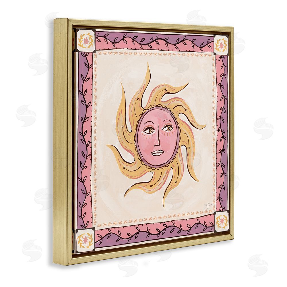 Two If By Sea Studios Pink Sun Face with Leaf Border Gold Floating Framed Canvas Wall Art