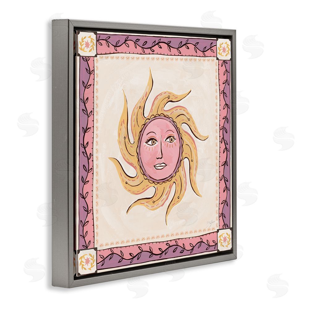 Two If By Sea Studios Pink Sun Face with Leaf Border Gray Floating Framed Canvas Wall Art