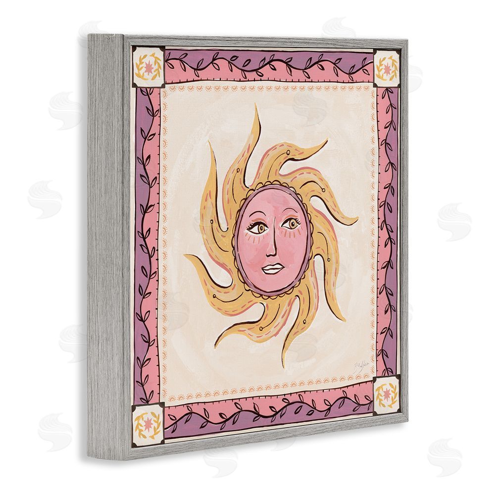 Two If By Sea Studios Pink Sun Face with Leaf Border Gray Framed Giclee Wall Art